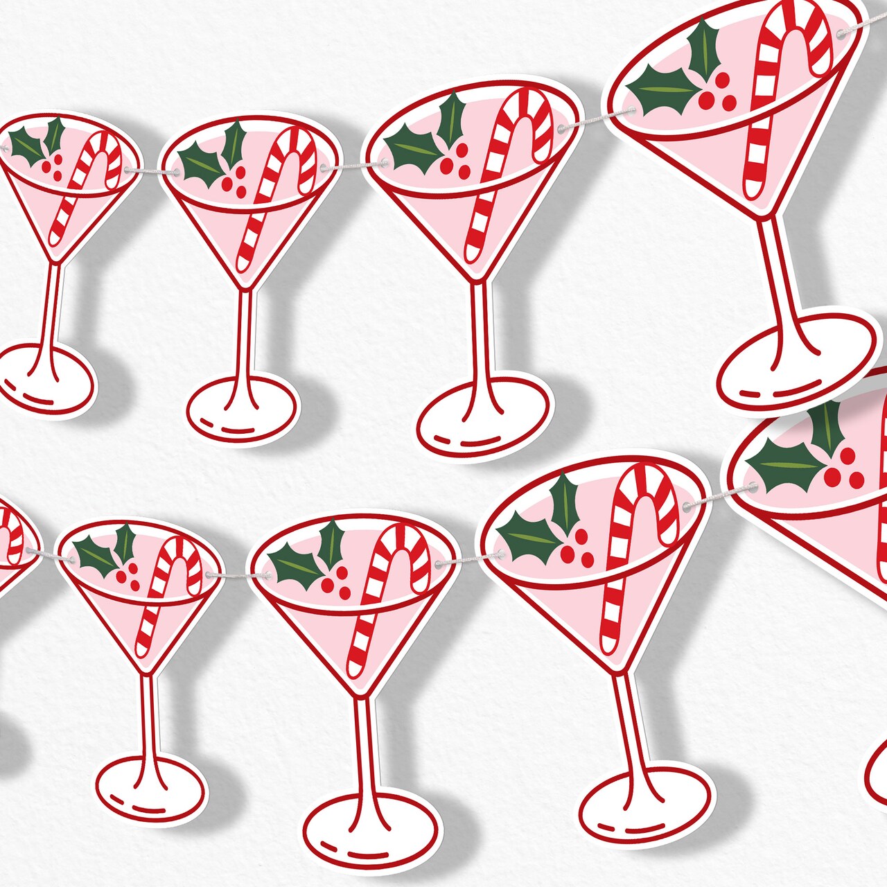 Big Dot of Happiness A Tini Bit Merry Garland Banner, Christmas Cocktail Decor Holiday 30 Feet of Cord, 15 Double-Sided Candy Cane Martini Glasses